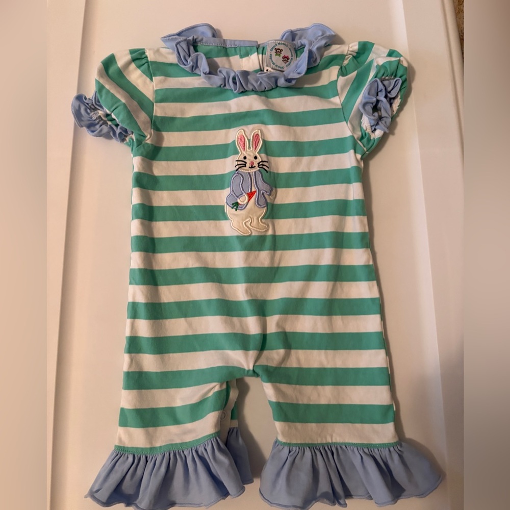 Smocked Monkey Brand Striped Romper with Bunny Design. Size 12 months.